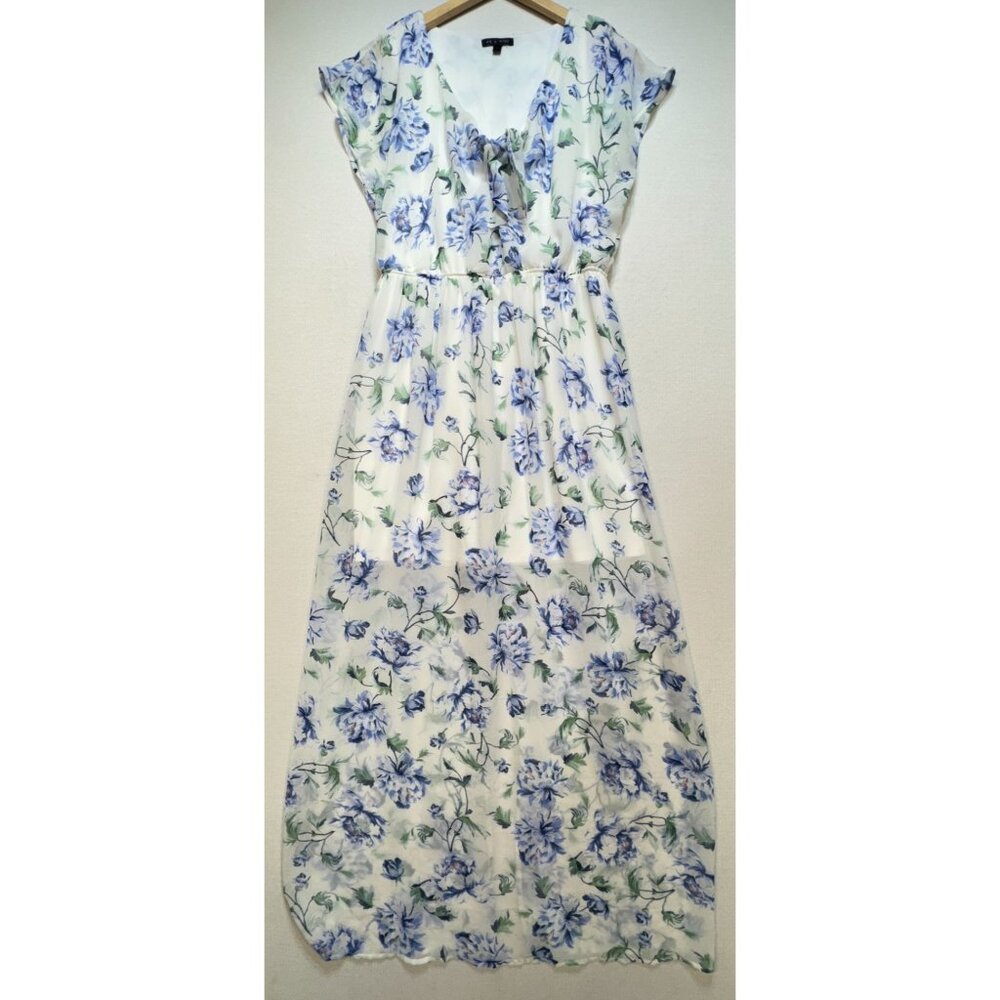 Womens Sheer Overlay Cottagecore Maxi Dress Tie Neck Sz L White Floral Fairy
